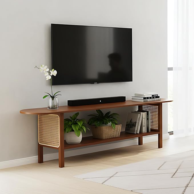 Tiita TV Stand with Storage for TVs up to 65'', Bamboo TV Console Entertainment Center with 2 Open Shelf, Mid Century Modern Media Console for Living Room, Bedroom, Walnut