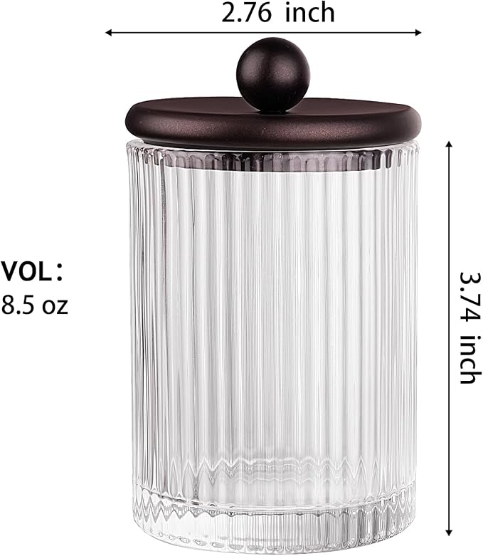 SheeChung 1Pack Glass Qtip Holder - Apothecary Jar Bathroom Organizer with Metal Lid - Small Vanity Canister for Cotton Swabs, Rounds, Floss Picks - Bathroom Glass Jar（Bronze Ribbed）