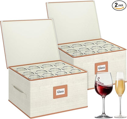 Aokeyee Wine Glass Storage Box Containers with Dividers - 2 Pack Stemware Storage Cases for 24 Crystal Glasses, Drinkware, Hard Shell for Moving & Protection(17'' x 12.8'' x 10.25'', Ivory)