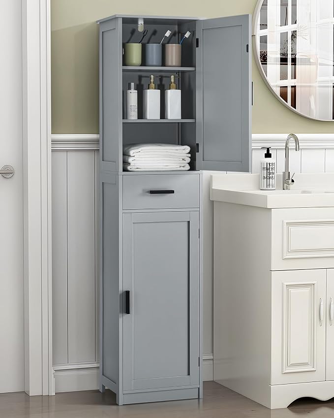 usikey 67“ Tall Bathroom Cabinet, Storage Cabinet with 4 Shelves & 2 Doors, Narrow Storage Cabinet for Bathroom, Living Room, Home Office, Greige UNSNG040G