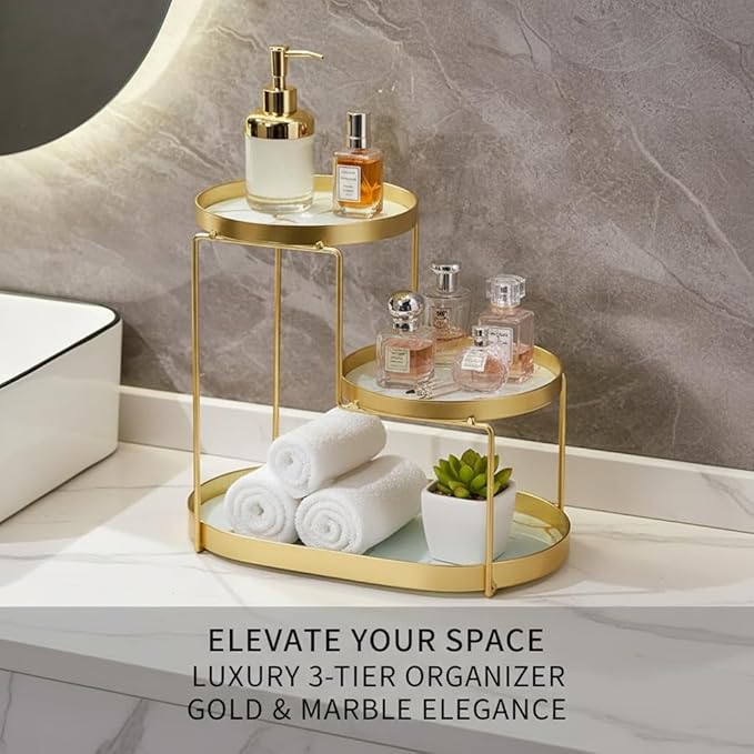MLVOC Gold Makeup Organizer Countertop, Skincare Organizer with Gold Finish, Durable Metal Storage for Bathroom or Bedroom Vanity, Tall Spacious Design for Large Bottles