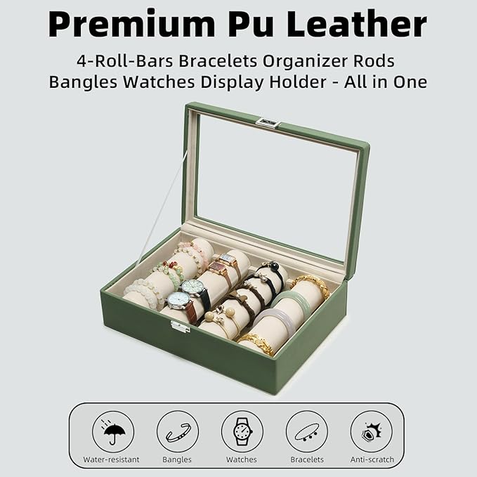 Bracelets Organizer Rods Bangles Display Holder, Clear See through Lid Leather Velvet Jewelry Storage Box Case for Women, 4 Rods Green Leather