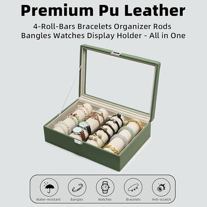 Bracelets Organizer Rods Bangles Display Holder, Clear See through Lid Leather Velvet Jewelry Storage Box Case for Women, 4 Rods Green Leather
