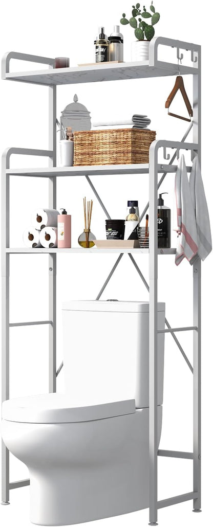 Huhote Over The Toilet Storage Rack with 3-Tier Bathroom Shelves, Space Saver Toilet Shelf, Bathroom Storage Organizer with Hooks for Over Toilet Storage and Bathroom Shelf (White Faux Marble)