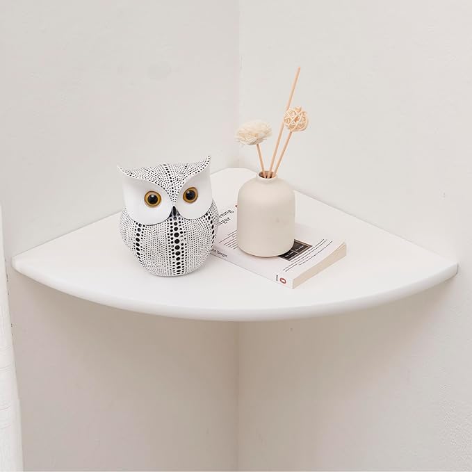 Conamily Corner Shelf, White Solid Oak Wood Floating Corner Shelves Wall Mount Round End Floating Speaker Rack Display Shelf for Small Plant Photo Frame (White, 13.8in)