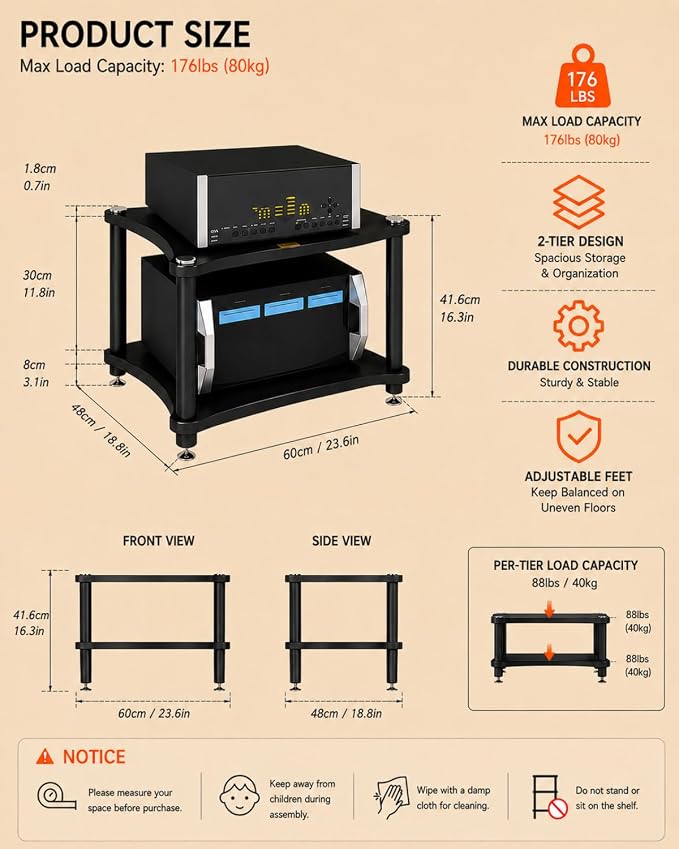 Heavy Duty Audio Component Rack, Large Storage Space AV Media Stand with Shock-Absorbing Foot pegs, Audio Rack Tower CD Player Stand for Home/Office/Audio Video/Theate (Black Walnut, 2nd)