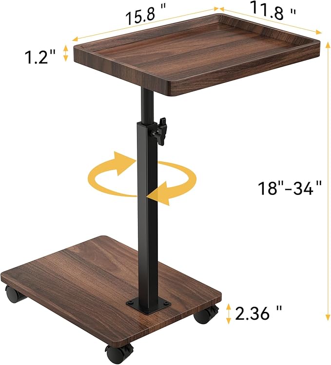 C Table End Table Adjustable Height, 360°Swivel TV Tray Table for Small Spaces, Couch Tables That slide under, C Shaped Side Tables living room and bedroom for Sofa, Bed,Chair, Snack (1, Walnut Brown)