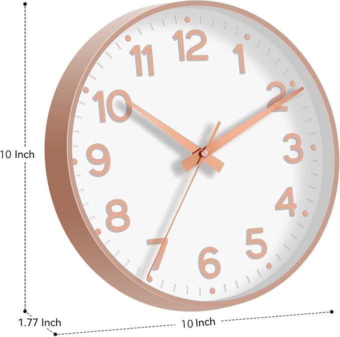 Roymnie Wall Clock 10 Inch Silent Wall Clocks Battery Operated-Modern Non Ticking Analog Clock Decorative for Kitchen Bedroom Office Bathroom(White Rose Gold)