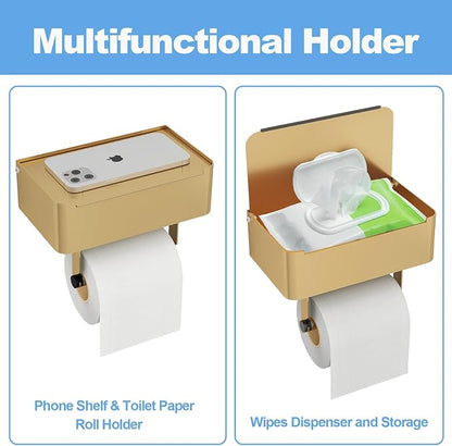 JUYSON Toilet Paper Holder with Shelf, Flushable Wipes Dispenser Fits for Bathroom Wipe Storage, Keep Your Wipes Hidden Out of Sight - SUS304 Stainless Steel Wall Mount Organizer (Color Gold)