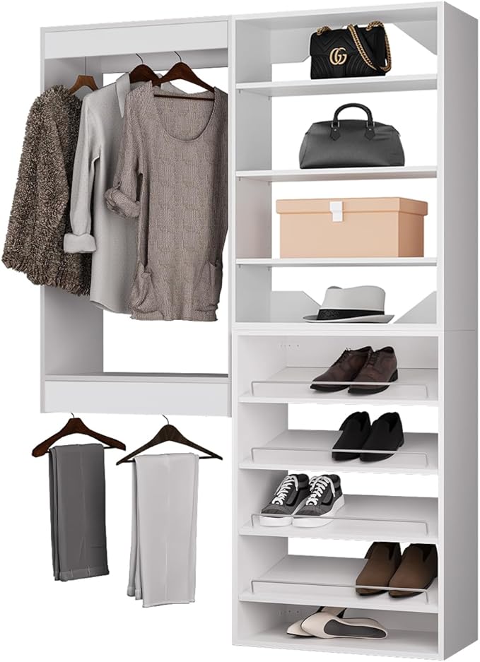 ROOMTEC Modular Closet System, 64" Wall Mounted Closet Organizer with Hanging Rods and Shoe Shelf, Wooden Tower for Walk-In Closets, Wardrobe Storage Kit, White