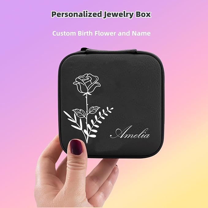 Personalized Jewelry Box, Custom Name Mini Jewelry Case with Birth Flower Jewelry Organizer Travel for Mothers Day Gifts, Birthday Gifts, Wedding Gifts for Mom Wife Girls