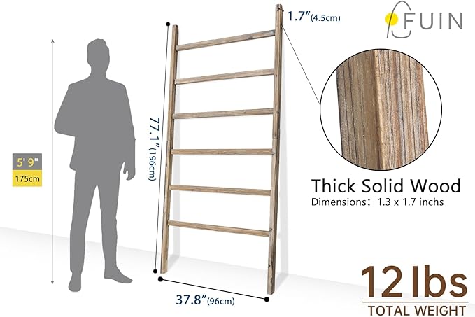 FUIN Extra Wide 6.4ft Wooden Blanket Ladder Living Room Decorative Wal Leaning Farmhouse Quilt Display Holder Rustic Wood Towel Rack for Bathroom, Burnt Brown, 38 inch Wide
