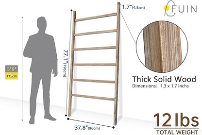 FUIN Extra Wide 6.4ft Wooden Blanket Ladder Living Room Decorative Wal Leaning Farmhouse Quilt Display Holder Rustic Wood Towel Rack for Bathroom, Burnt Brown, 38 inch Wide