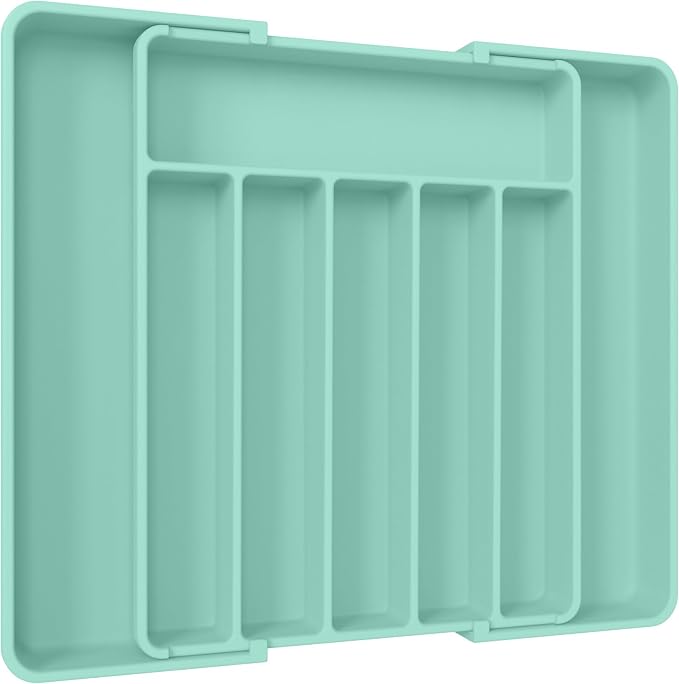 Aujen Silverware Organizer - Expandable Kitchen Drawer Organizer, Adjustable Utensil Organizer, Cutlery Tray for Forks, Knives, Multipurpose Kitchen Organizers and Storage Solution, Green, Large