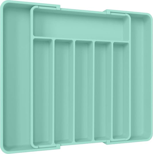 Aujen Silverware Organizer - Expandable Kitchen Drawer Organizer, Adjustable Utensil Organizer, Cutlery Tray for Forks, Knives, Multipurpose Kitchen Organizers and Storage Solution, Green, Large