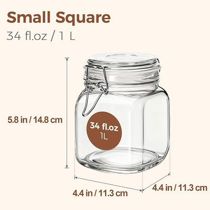 ComSaf 3-Pack Square Glass Coffee Canisters for 1lb Bean Bags, 34oz Airtight Jars with Clamp Lids for Tea, Sugar & Flour, Space-Saving Pantry Organization for Small Apartments & Coffee Station