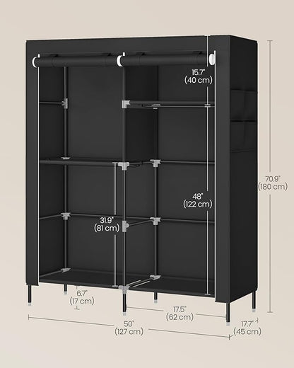 SONGMICS Portable Closet, Fabric Wardrobe, Clothes Rack with Shelves, Pockets, Large Capacity, 3 Hanging Rods, 50 x 17.7 x 70.9 Inches, Black URYG010BZ02