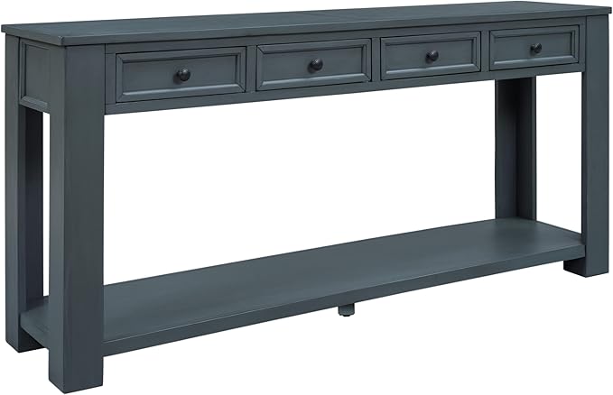 Knocbel Console Table with 4 Storage Drawers Bottom Shelf, Rustic Distressed Sofa Table for Entryway Hallway, Assembly Required, 63" W x 14" D x 30" H, Navy