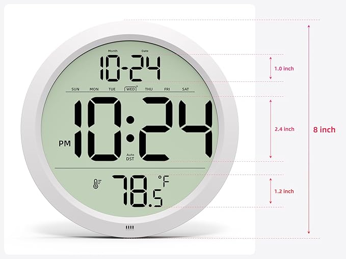 Digital Wall Clock Battery-Operated, 8 Inch Small Decorative Modern Wall Clock with Date, Temperature, Auto-DST, Silent Electric Wall Clock for Bedroom, Living Room, Kitchen, Office, Farmhouse - White