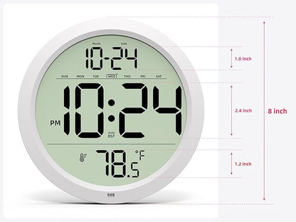 Digital Wall Clock Battery-Operated, 8 Inch Small Decorative Modern Wall Clock with Date, Temperature, Auto-DST, Silent Electric Wall Clock for Bedroom, Living Room, Kitchen, Office, Farmhouse - White