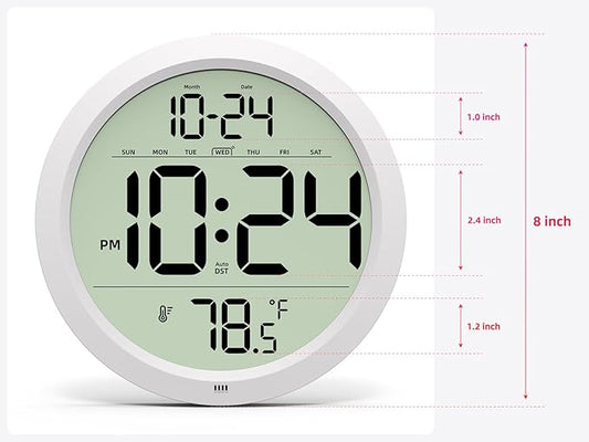 Digital Wall Clock Battery-Operated, 8 Inch Small Decorative Modern Wall Clock with Date, Temperature, Auto-DST, Silent Electric Wall Clock for Bedroom, Living Room, Kitchen, Office, Farmhouse - White