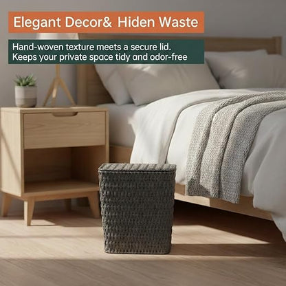 3 Gallon Paper Rope Bathroom Trash Can,Small Wicker Trash Cans with Lid and Liner,Woven Rattan Narrow Waste Basket for Bedroom,Office,Grey