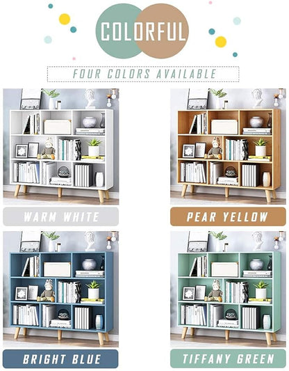 IOTXY Wooden Open Shelf Bookcase - 3-Tier Floor Standing Display Cabinet Rack with Legs, 8 Cubes Bookshelf, Tiffany-Green | Display Cabinet, Rack, with Legs, Bookshelf