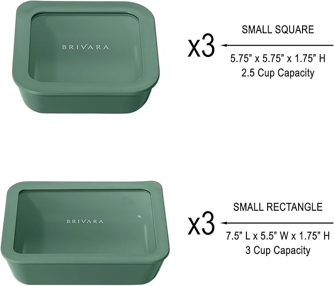 BRIVARA HOME Ceramic Coated Glass Food Storage Container | No PTFE, PFOA, PFAS, and BPA | Reusable Non Toxic Meal Prep Container with Glass Lid | Easy To Store | 6 Piece Food Prep [Pine]