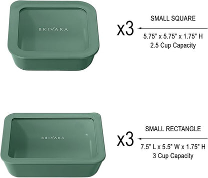 BRIVARA HOME Ceramic Coated Glass Food Storage Container | No PTFE, PFOA, PFAS, and BPA | Reusable Non Toxic Meal Prep Container with Glass Lid | Easy To Store | 6 Piece Food Prep [Pine]