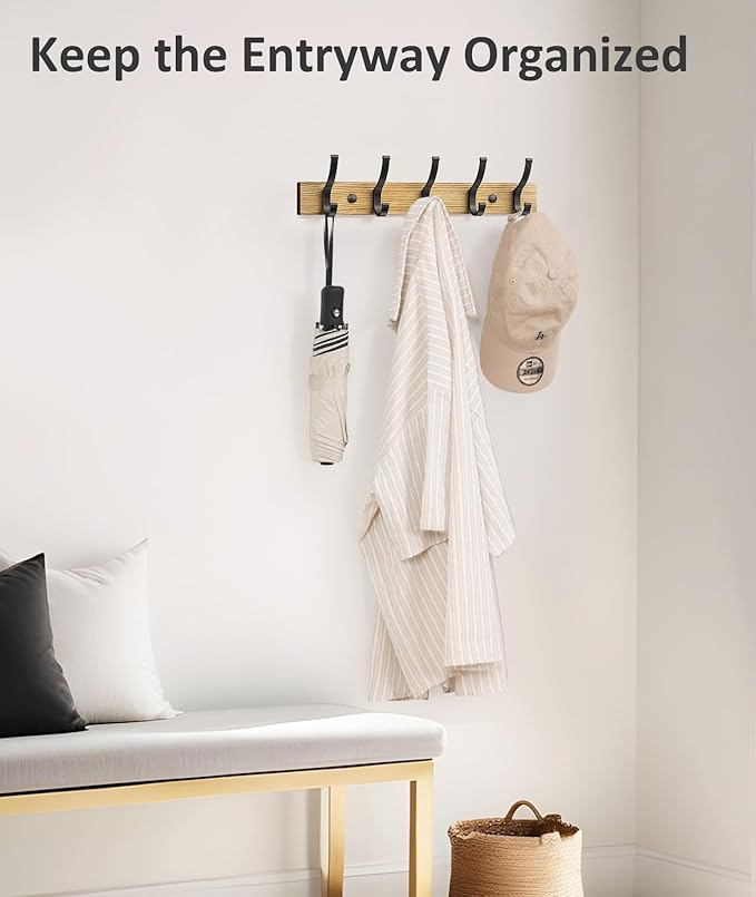 Coat Rack Wall Mount, 16.5 Inches Wood Coat Hooks Wall Mount, Wall Coat Rack with 5 Hooks, Hat Rack Wall Hooks for Hanging Coat, Bag, Towel (1Pack, Natural)