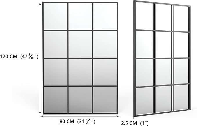 Metal Window Mirror Oversize, 47'' x 32'' Large Decorative Wall Mirror, Mirror Window for Wall Decor, Grid Wall Mirror for Living Room, Bedroom, Entryway, Matte Black