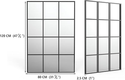 Metal Window Mirror Oversize, 47'' x 32'' Large Decorative Wall Mirror, Mirror Window for Wall Decor, Grid Wall Mirror for Living Room, Bedroom, Entryway, Matte Black