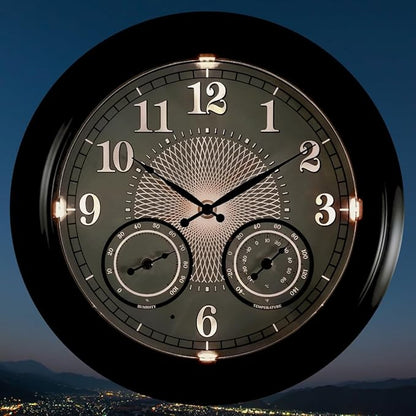 Illuminated Large Outdoor Clock - 18 inch Indoor Outdoor Night Light Wall Clock with Smart LED Sensor, Temperature and Humidity Combo - Weatherproof & Easy to Read for Pool, Patio & Home Decor