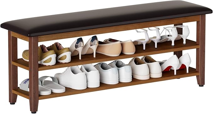 Shoe Bench with Leather Cushion,Wood Bench with Shoe Rack,2-Tier Shoe Storage Organizer for Entryway,Hallway,Living Room (Brown, 2-Tier-47.3")
