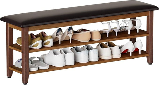 Shoe Bench with Leather Cushion,Wood Bench with Shoe Rack,2-Tier Shoe Storage Organizer for Entryway,Hallway,Living Room (Brown, 2-Tier-47.3")