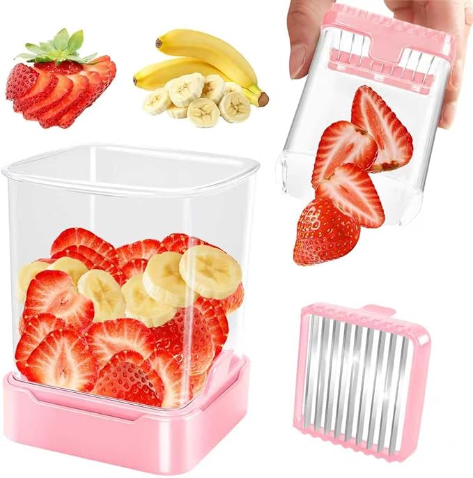 Strawberry Slicer & Fruit Slicer Cup – Ultra Sharp Stainless Steel Blades, Detachable Cutter with Push Plate – Rapid & Safe Slicing Kitchen Gadget for Quick Meal Prep (Pink)