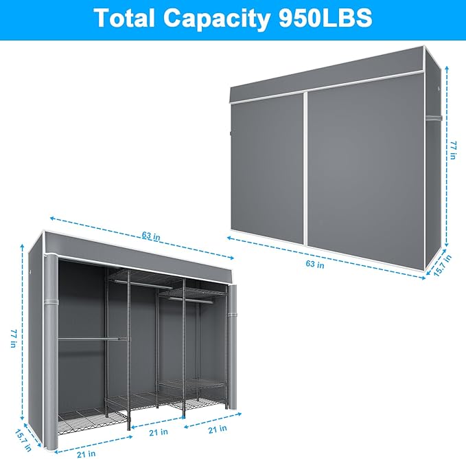 Ulif E13C Heavy Duty Closet Organizer System，Freestanding Clothing Racks for Hanging Clothes，Adjustable Garment Rack 63" W x 16" D x 77" H Hold 960 lbs，Black Clothing Rack with Grey Dustproof Cover
