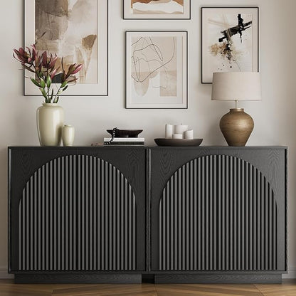 win2win Fluted Sideboard Buffet Cabinet with Storage, 31.5" Modern Accent Cabinet with Double-Layered Arch Doors, Small Wood Console Credenza for Living Room, Dining Room, Entryway, Black, 2PCS