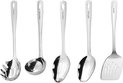 HIFIND Stainless Steel Cooking Utensils Set, 5PCS Kitchen Utensils Set, Durable Kitchen Gadgets, Ladle, Slotted Turner, Slotted Serving Spoon, Solid Serving Spoon, Pasta Fork