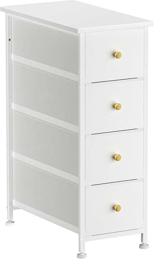Narrow Dresser Storage Tower with 4 Drawers, Vertical Slim Dresser Chest of Drawers Skinny Storage Tower for Small Spaces Gaps Closet Bedroom Bathroom Small Fabric Drawer Unit (White)