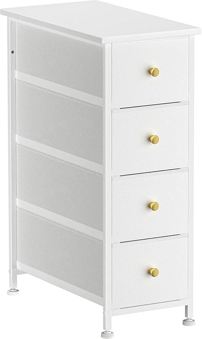 Narrow Dresser Storage Tower with 4 Drawers, Vertical Slim Dresser Chest of Drawers Skinny Storage Tower for Small Spaces Gaps Closet Bedroom Bathroom Small Fabric Drawer Unit (White)