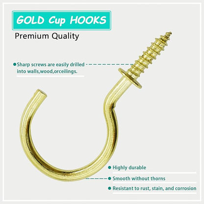 BDS-HOME 105pcs Ceiling Hooks, 6 Size Screw-in Cup Hooks Heavy Duty Hanging Hook for Plants Cups String Light Kitchenware Tools Clothes Room Wall and Outdoor Decors (Gold)