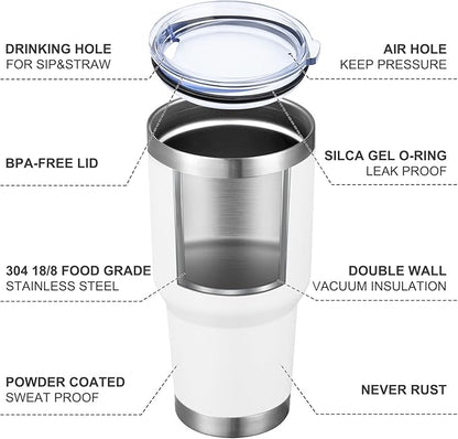 MEWAY 30oz Insulated Tumbler With Lids and Straws,Stainless Steel Double Vacuum Coffee Tumbler Cup, Brush, Durable Powder Coated Coffee Cup for Cold & Hot Drinks, Office(White,4 PACK)
