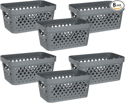 Glad Plastic Baskets for Organizing, Set of 6 | Pantry Storage for Under Counter, Linen Closet, and Bathroom | Nesting Shelf Bins with Handles, 1 Gallon, Grey