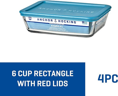 Anchor Hocking SnugFitTM Rectangular Food Storage Containers with Lids (4-Piece, 6-cup, Teal, oven-safe)