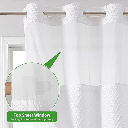 no Hook Shower Curtain and Liner Set，Boho Style with See Through Top Window, White Fabric Tufted Striped Textured Outer Curtain & Waterproof Inner Liner, White, 71Wx77H