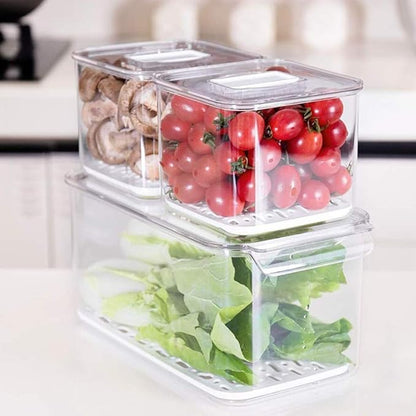Produce Saver Containers for Refrigerator 3 Pack, Stackable Plastic Fridge Food Fruit Vegetables Storage Bins with Vented Lids, Clear Freezer Fresh Keeper Organizers and Storage Container Set