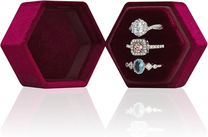 Wedding Ring Box 3 Slots - Hexagon Velvet Ring Box, Detachable Lid Three Slots Jewelry Ring Gift Box, Gorgeous Vintage Premium Ring Bearer Boxes for Proposal Engagement