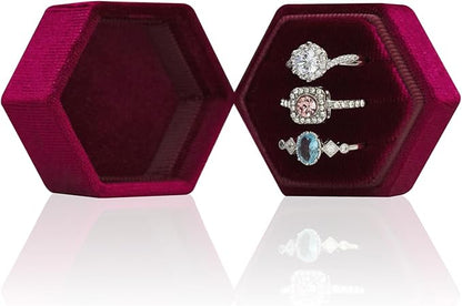 Wedding Ring Box 3 Slots - Hexagon Velvet Ring Box, Detachable Lid Three Slots Jewelry Ring Gift Box, Gorgeous Vintage Premium Ring Bearer Boxes for Proposal Engagement