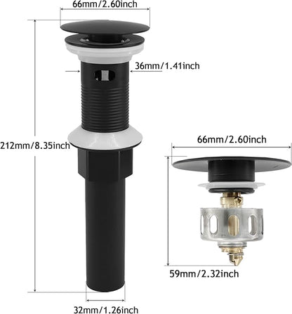 Bathroom Sink Drain,2 Pack Drain Stopper with Overflow,Pop Up Drain Assembly with Detachable Strainer Basket,Built-in Anti-Clogging, Stainless Steel Nut Mattle Black